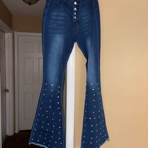 High-Rise Dark Blue Flared Jeans with Stud Embellishments